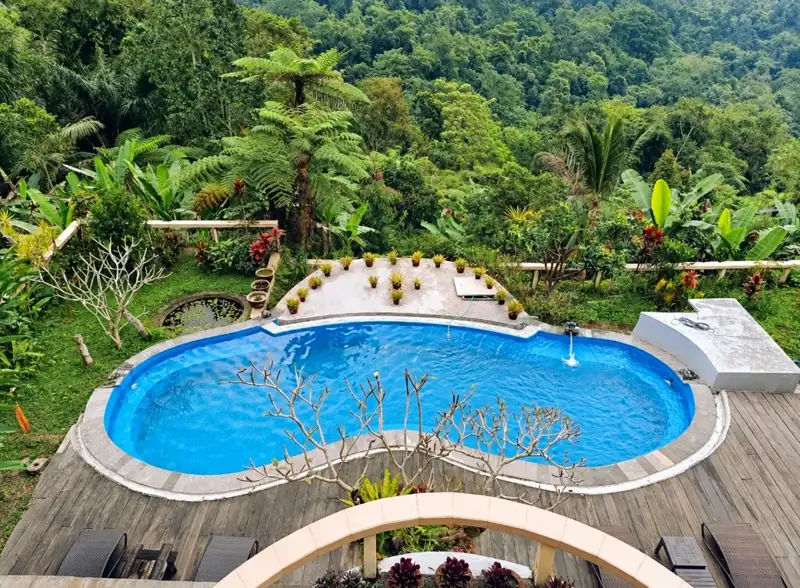 Kolam renang infinity dikelilingi taman tropis vila