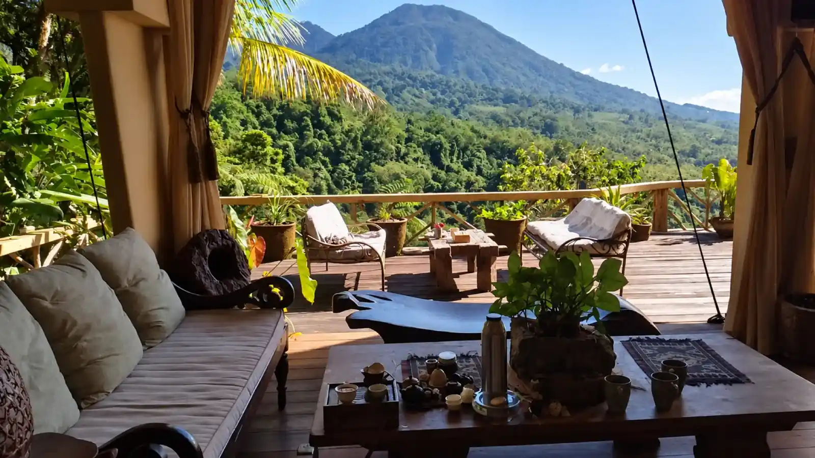 Teras taman dengan tempat duduk dan lereng teh di baliknya